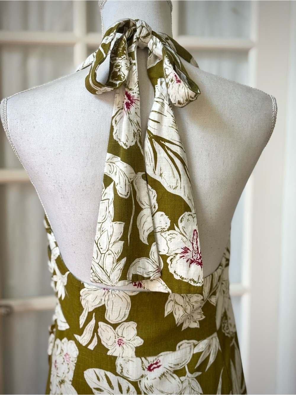 Zara Olive Floral Linen Blend Halter Twist Front Midi Dress L - Picture 6 of 12